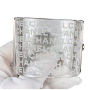 Chanel Logo Hinged Cuff Bracelet Clear Resin Silver-Tone Metal SS18 Collection